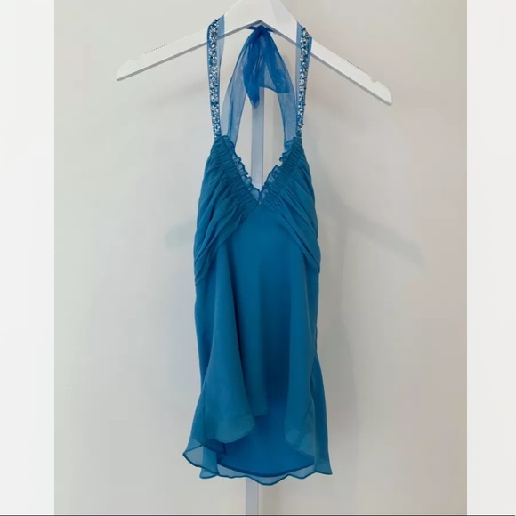 BCBG BLUE SILK EMBELLISHED HALTER TOP SIZE SMALL - Picture 2 of 14
